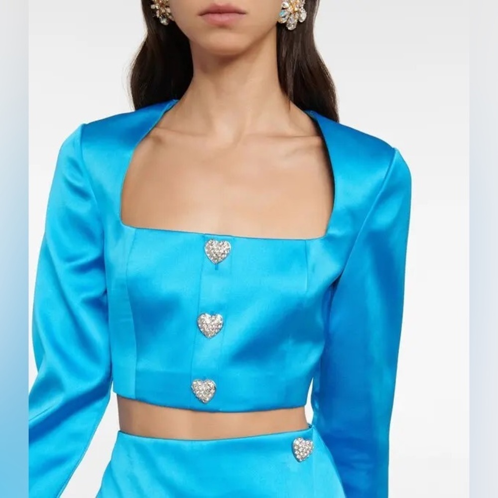 Self Portrait Blue Satin Crop Top Crystal Embellished Jacket Size 2 NWT